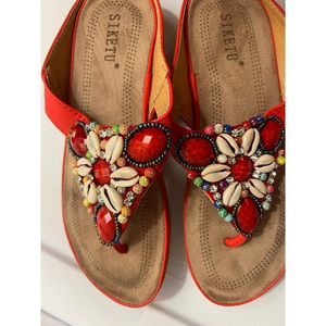 Siketu Cushioned Sandals Women's Size 6 /36 Red‎ Stones Beads Shells Gems